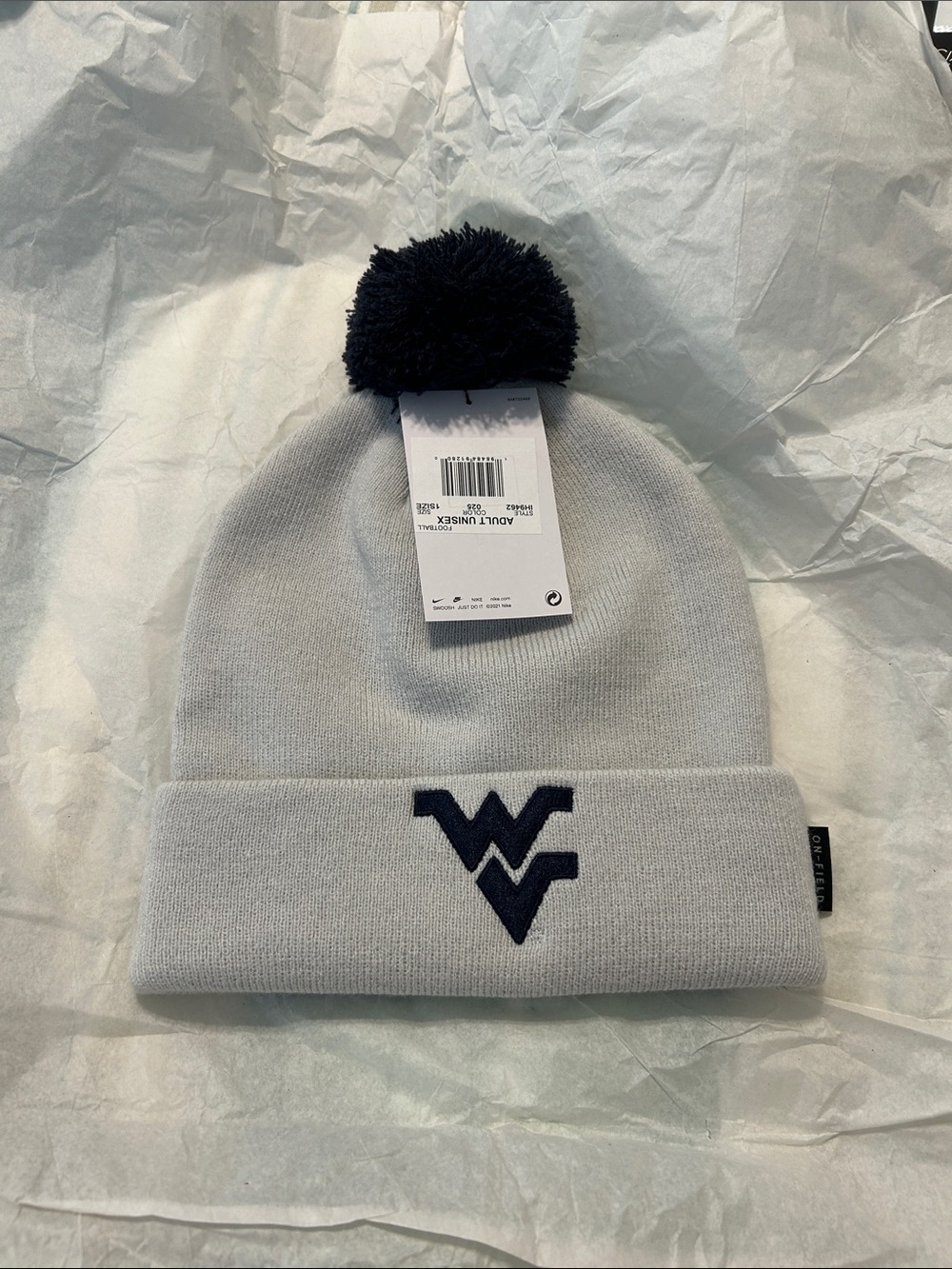 Nike Gray Knit Pom Beanie with Navy Logo